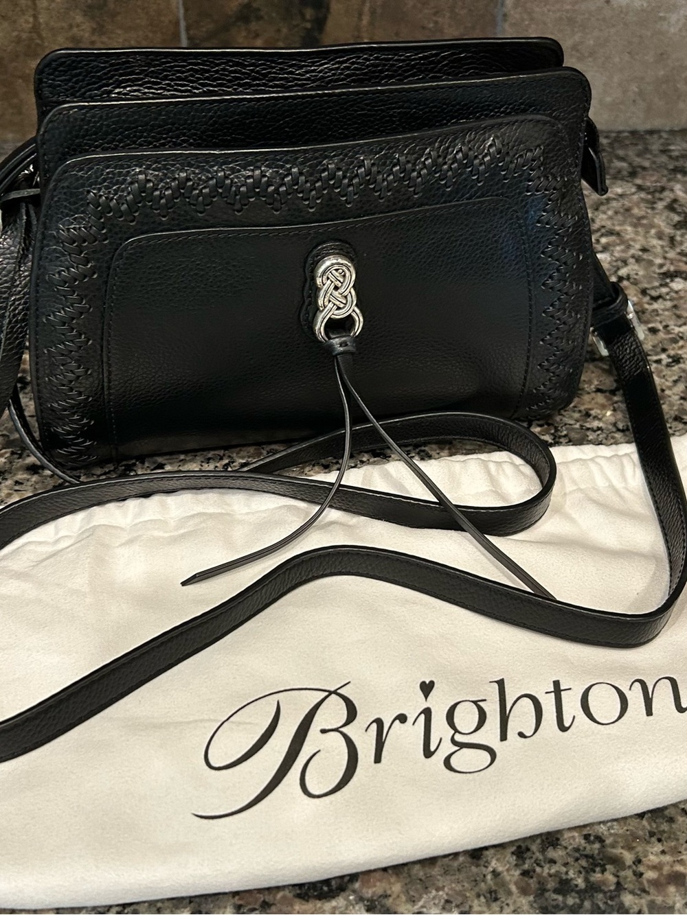 Brighton Black Leather Crossbody with Braided Trim and Knot Accent